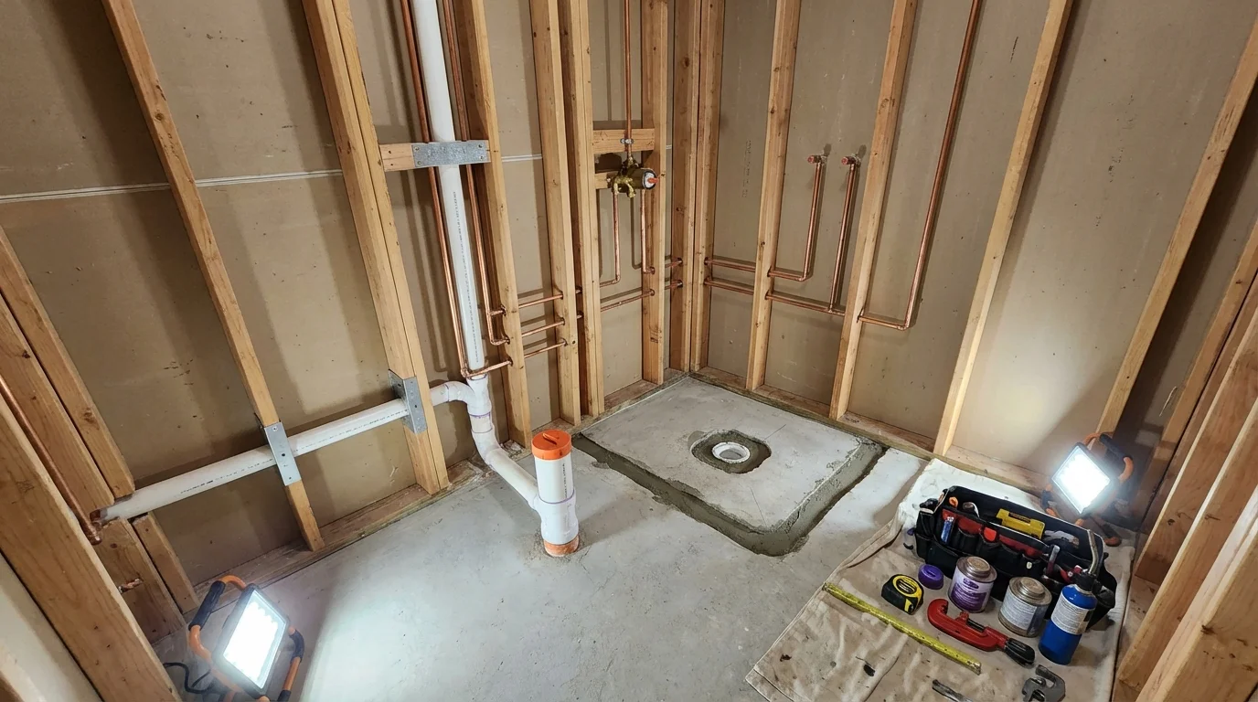 Bathroom rough-in plumbing during remodel by Johns Plumbing LLC in Greenwich