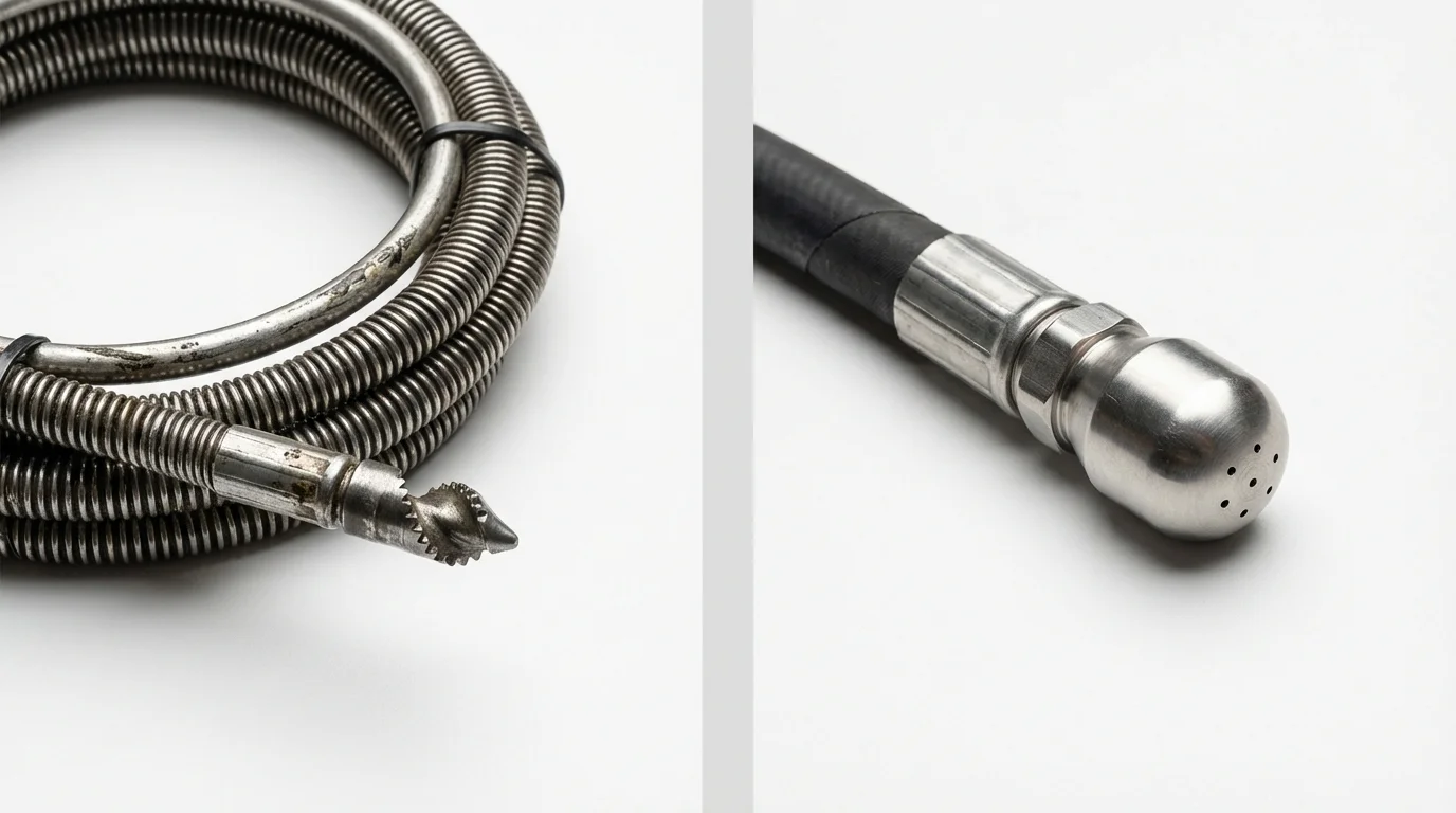 Drain snake cable and hydro jetting nozzle used for drain cleaning in Greenwich, CT