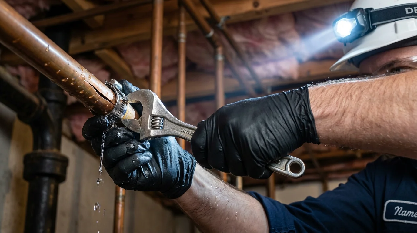 Emergency pipe clamp repair being performed by a Johns Plumbing LLC plumber in Greenwich