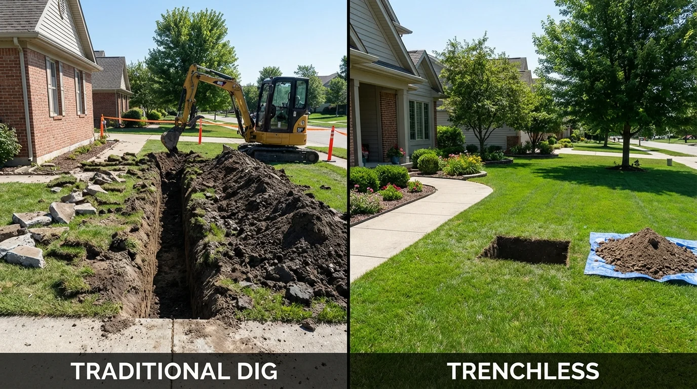 Trenchless sewer repair with minimal yard damage versus traditional excavation in Greenwich, CT
